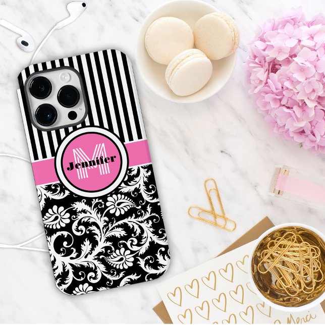 Mit Monogramm rosa, schwarz, weiß gestreifte Damas Case-Mate iPhone Hülle (Von Creator hochgeladen)