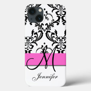 Mit Monogramm rosa Schwarz-weiße Wirbel Damask Case-Mate iPhone Hülle