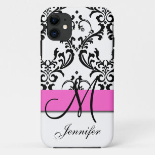 Mit Monogramm rosa Schwarz-weißer Wirbels-Damast Case-Mate iPhone Hülle
