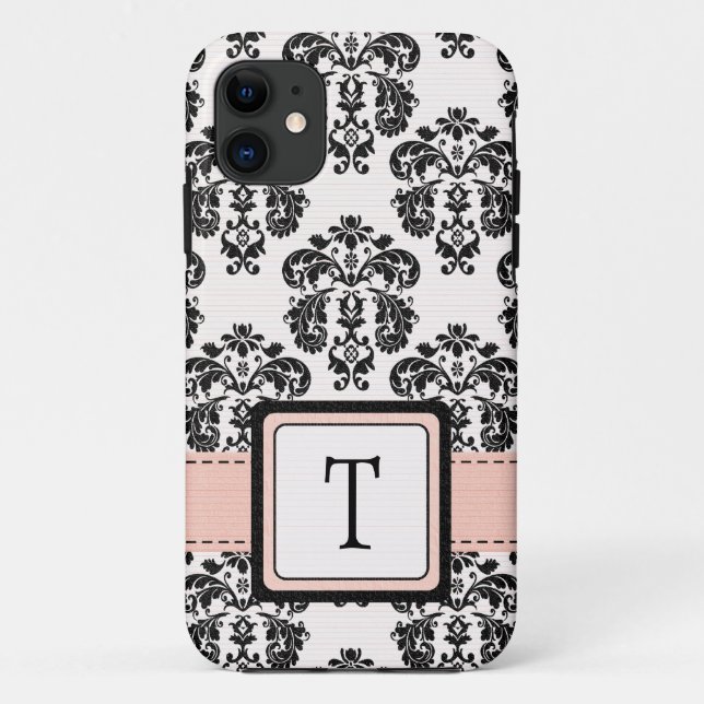 Mit Monogramm rosa schwarzer Damast Case-Mate iPhone Hülle (Rückseite)