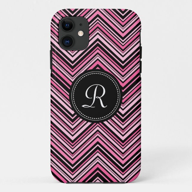 Mit Monogramm rosa Schwarzes Tribal Zickzack Muste Case-Mate iPhone Hülle (Rückseite)