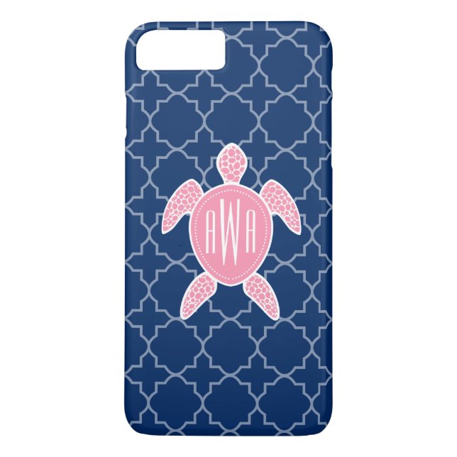 Mit Monogramm rosa Seeschildkröte-Blau Quatrefoil Case-Mate iPhone Hülle (Rückseite)