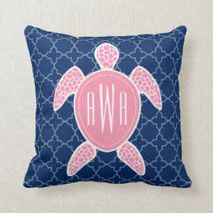 Mit Monogramm rosa Seeschildkröte-Blau Quatrefoil Kissen