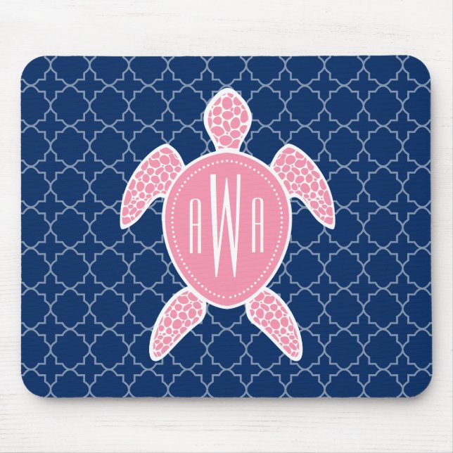 Mit Monogramm rosa Seeschildkröte-Blau Quatrefoil Mousepad (Vorne)