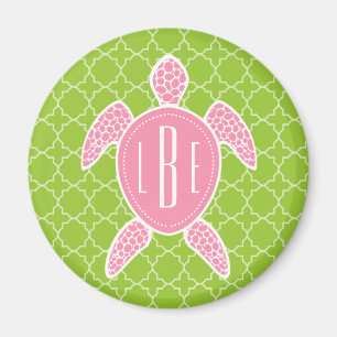 Mit Monogramm rosa Seeschildkröte-Grün Quatrefoi Magnet