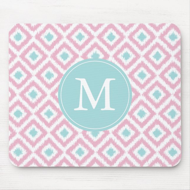 Mit Monogramm rosa u. lila Ikat Muster Mousepad (Vorne)