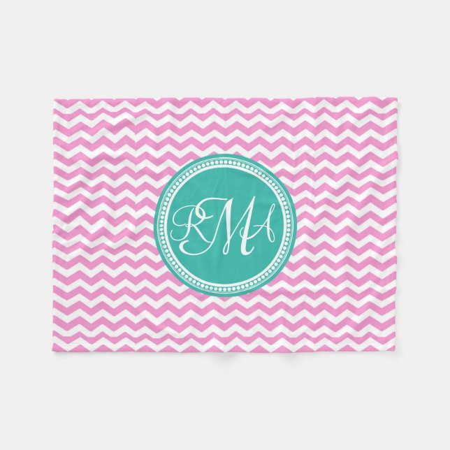 Mit Monogramm Rosa und Aquamarine Zickzack Benutze Fleecedecke (Vorderseite (Horizontal))