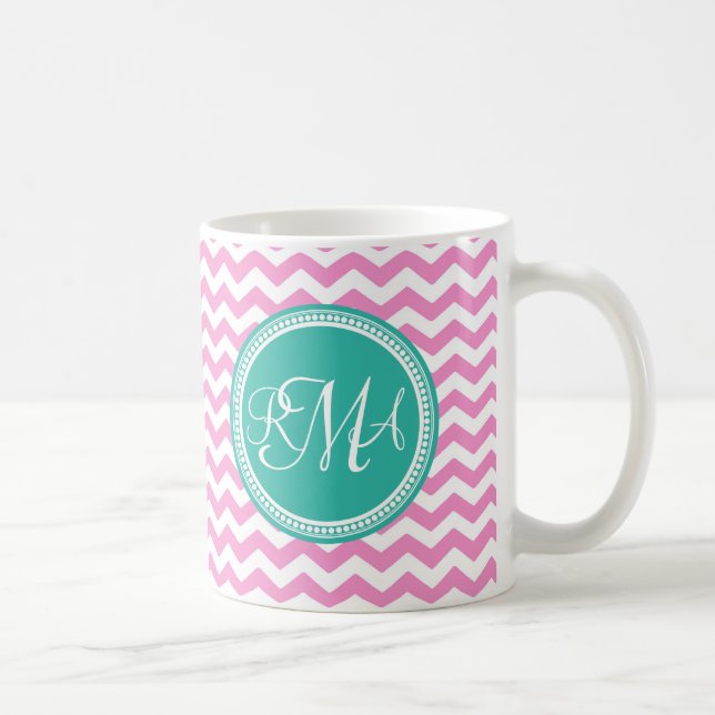 Mit Monogramm Rosa und Aquamarine Zickzack Benutze Tasse (Rechts)