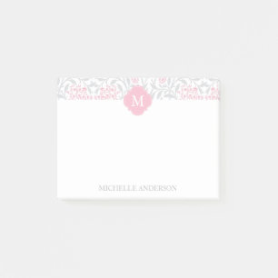 Mit Monogramm rosa und grauer Blumendamast Post-it Klebezettel