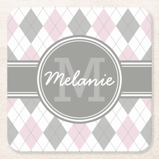 Mit Monogramm rosa und graues Raute Muster Rechteckiger Pappuntersetzer (Vorderseite)