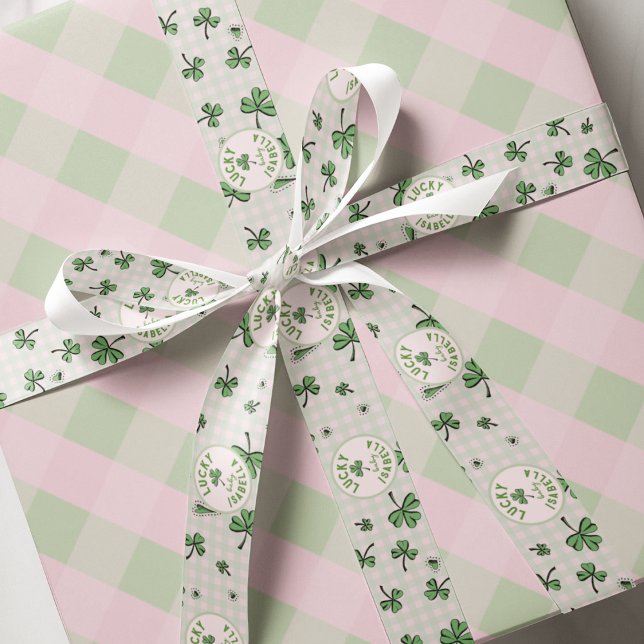 Mit Monogramm Rosa- und Grüne-Lucky-Baby-Kleeblätt Ripsband (Cute St. Patricks Day Lucky Baby Personalized Ribbon for Baby Girl in Pink. Green Shamrocks & Hearts)