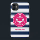 MIT MONOGRAMM ROSA-UND MARINE-ANKER Case-Mate iPhone HÜLLE<br><div class="desc">DIESER NIEDLICHE,  PREPPY UND GIRLY ANKER UND STREIFEN-THEMED NAUTISCHENTWURF IN DER DUNKELBLAUEN MARINE,  HEISSES ROSA-PINKFARBENEN UND WEISSEN FARBEN KÖNNEN MIT IHREM NAMEN PERSONALISIERT SEIN UND MIT IHREM MONOGRAMM UND DREI BUCHSTABE-INITIALEN UNTER DIE HERZEN BESONDERS ANGEFERTIGT WERDEN. GRAFIK © CHRISSY H. STUDIOS,  LLC. ALLE RECHTE VORBEHALTEN.</div>