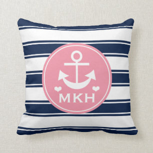 Mit Monogramm Rosa-und Marine-Blau-Anker Kissen