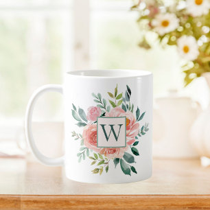Mit Monogramm Rosa- und Peony-Blume Kaffeetasse