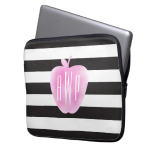 Mit Monogramm rosa Watercolor Apple + Streifen Laptopschutzhülle