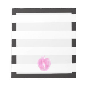Mit Monogramm rosa Watercolor Apple + Streifen Notizblock