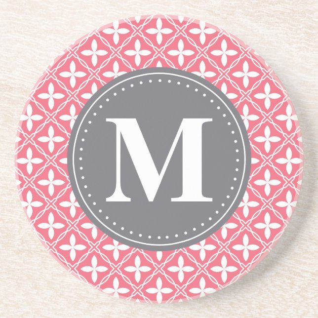 Mit Monogramm rosa, weißes, florales Gittermuster Getränkeuntersetzer (Vorne)