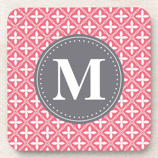 Mit Monogramm rosa, weißes, florales Gittermuster Getränkeuntersetzer (Vorderseite)