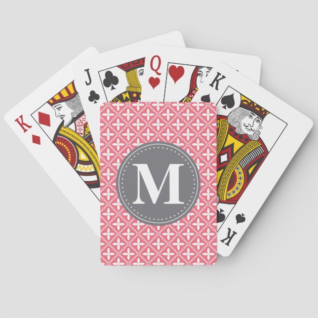 Mit Monogramm rosa, weißes Gittermuster Spielkarten (Rückseite)