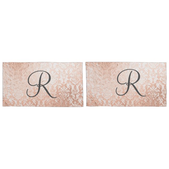 Mit Monogramm Rose Gold Damask Kissenbezug (Rückseite-Set)