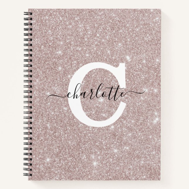 Mit Monogramm Rose Gold Glitzer Pink Script Notizbuch (Vorderseite)