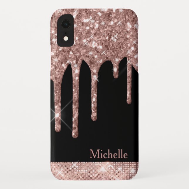 Mit Monogramm Rose Gold Glitzer Tropfen auf Schwar Case-Mate iPhone Hülle (Rückseite)