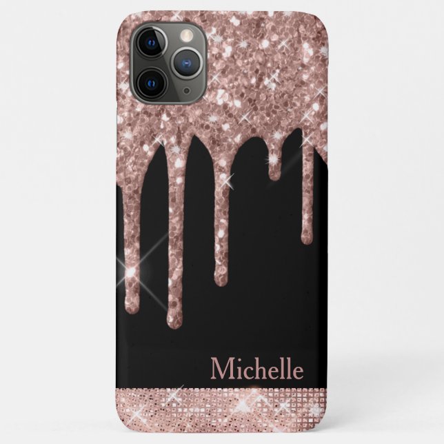 Mit Monogramm Rose Gold Glitzer Tropfen auf Schwar Case-Mate iPhone Hülle (Rückseite)