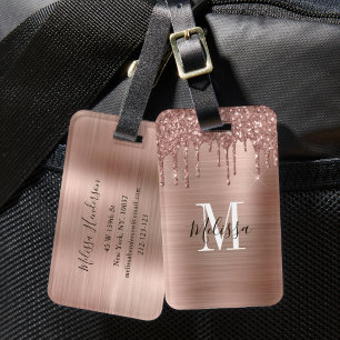 Mit Monogramm Rose Gold Glitzer Tropfen Bürstenmet Gepäckanhänger