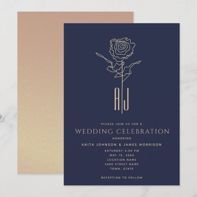 Mit Monogramm Rose Gold Navy Blue Wedding Einladung (Vorne/Hinten)