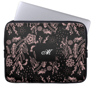 Mit Monogramm Rose Schwarzes Botanisches Muster Laptopschutzhülle