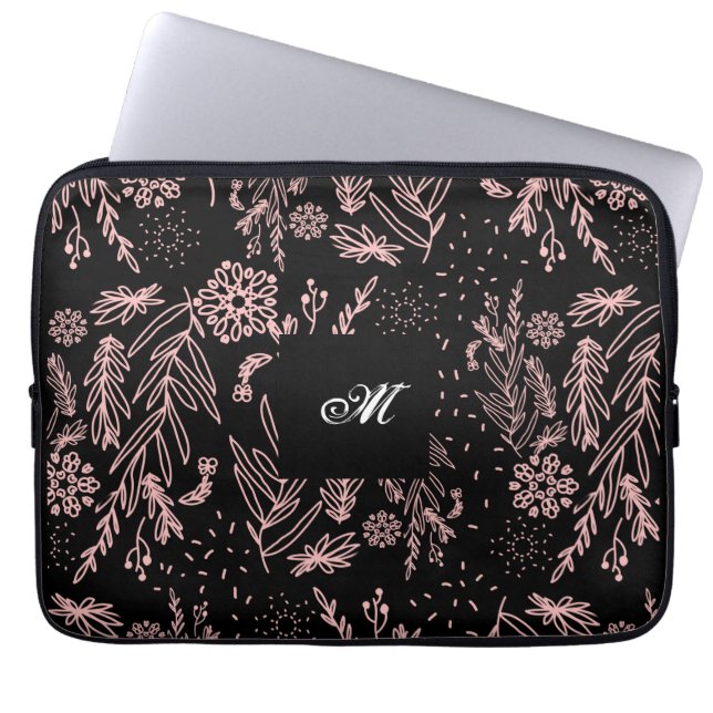 Mit Monogramm Rose Schwarzes Botanisches Muster Laptopschutzhülle (Vorderseite)