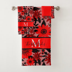 Mit Monogramm Rot, Schwarz und Rosa Dschungel Badhandtuch Set