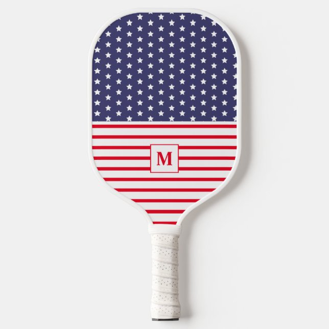 Mit Monogramm rote und blaue amerikanische Flagge Pickleball Schläger (Vorderseite)