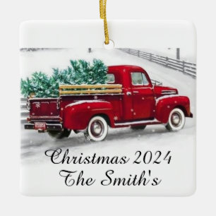 Mit Monogramm roter LKW Weihnachten Akryler Orname Keramikornament