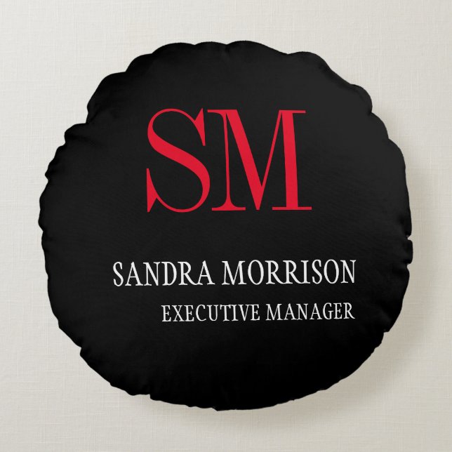 Mit Monogramm Rotes Minimalistisch Rundes Kissen (Vorderseite)