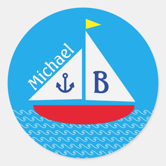Mit Monogramm Rotes Sailboat Marine Blaues Meer Runder Aufkleber (Vorderseite)