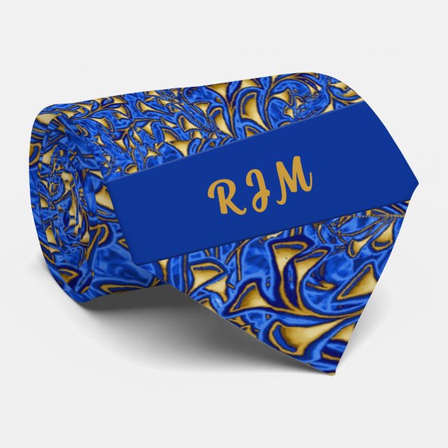 Mit Monogramm Royal Blue und Gold Paisley Krawatte (Gerollt)