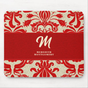 Mit Monogramm Ruby Red Damask Wirbel Mousepad