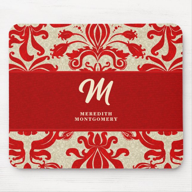 Mit Monogramm Ruby Red Damask Wirbel Mousepad (Vorne)