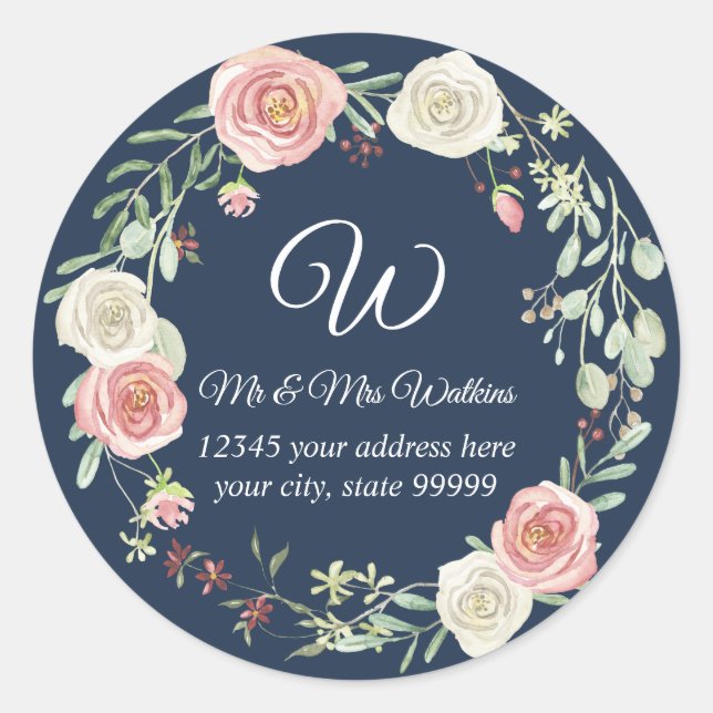 Mit Monogramm Rücksendeadresse Navy Blush Rose Runder Aufkleber (Vorderseite)