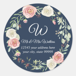 Mit Monogramm Rücksendeadresse Navy Blush Rose Runder Aufkleber