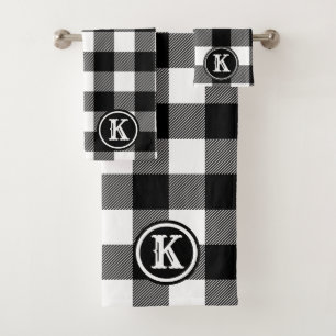 Mit Monogramm rustikal Schwarz-weiß Buffalo Karier Badhandtuch Set