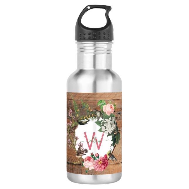 Mit Monogramm Rustikales Holz Vintage Blume Edelstahlflasche (Vorderseite)