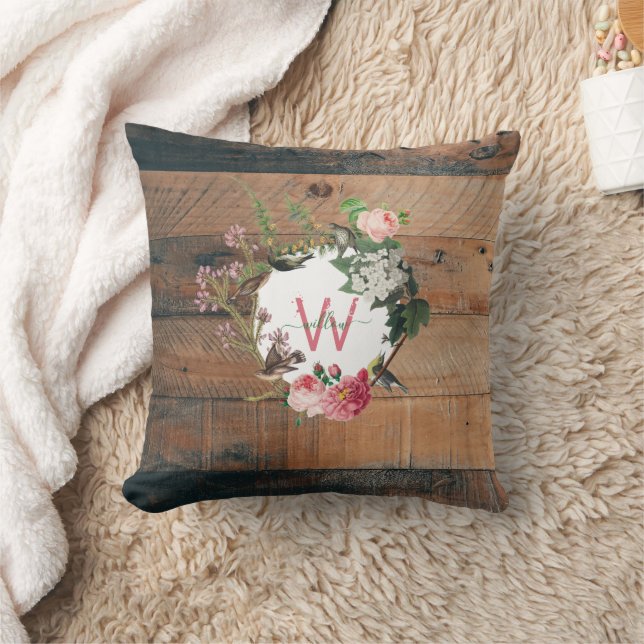 Mit Monogramm Rustikales Holz Vintage Blume Kissen (Decke)