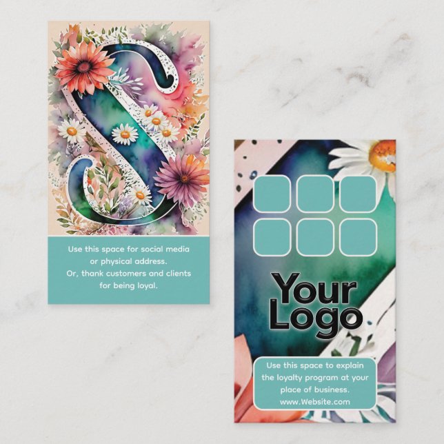 Mit Monogramm S Daisy-Floral-Wasserfarben-Logo Visitenkarte (Vorne/Hinten)