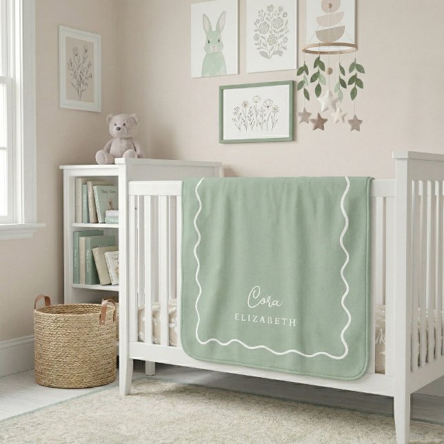 Mit Monogramm Sage Green Wavy Border Sherpadecke (Von Creator hochgeladen)