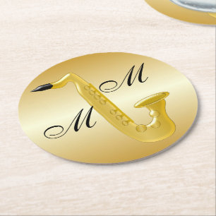 Mit Monogramm Saxophone-Gold gefärbt Runder Pappuntersetzer