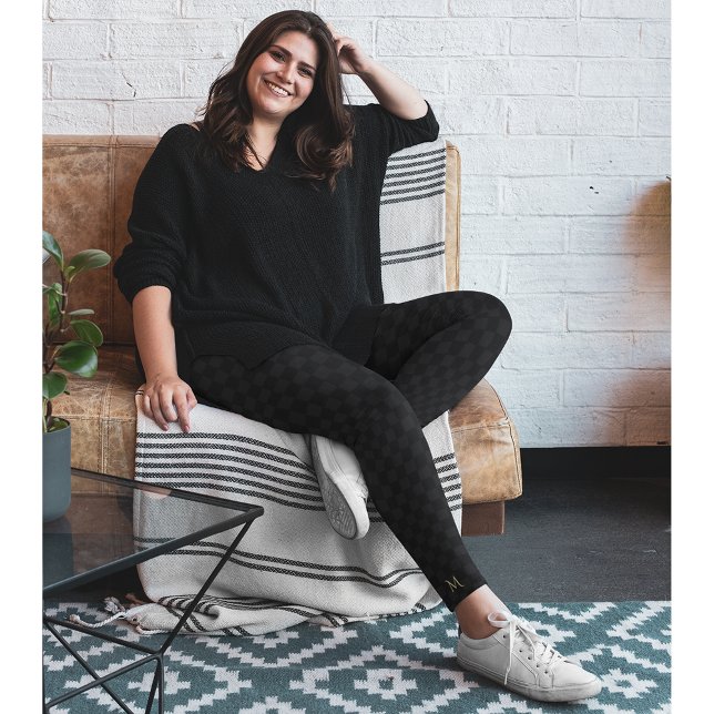 Mit Monogramm Schick-Schwarz-Design Leggings (Black Chic Stylish Checkered Pattern Monogrammed Leggings)
