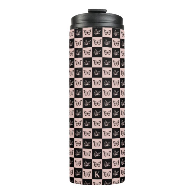 Mit Monogramm Schmetterlingsmuster aus Rosa und Sc Thermosbecher (Vorderseite)