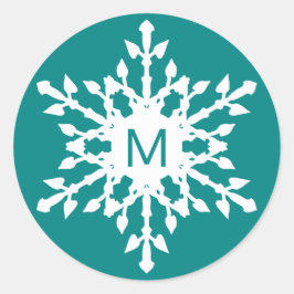 Mit Monogramm Schneeflocke auf Aquamarin Runder Aufkleber